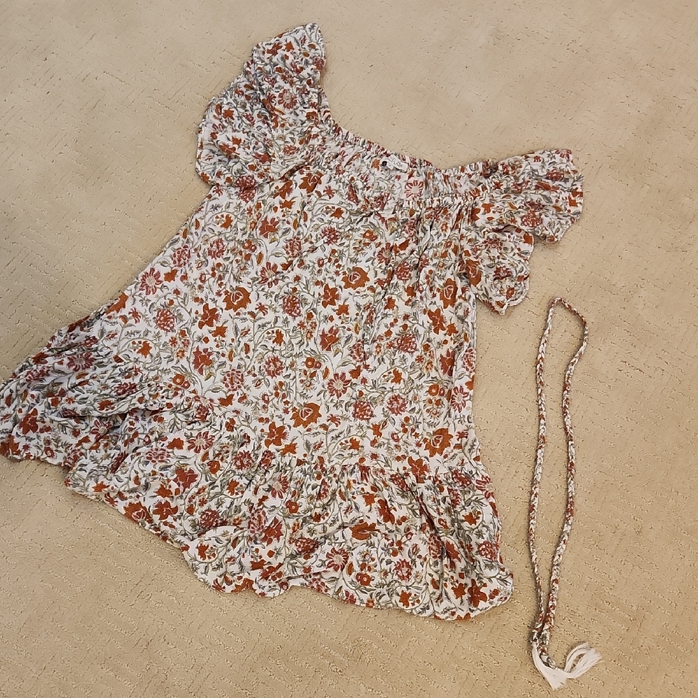 Rachel Zoe Floral Cotton Dress in Rusty Orange, Cream and Green Colors